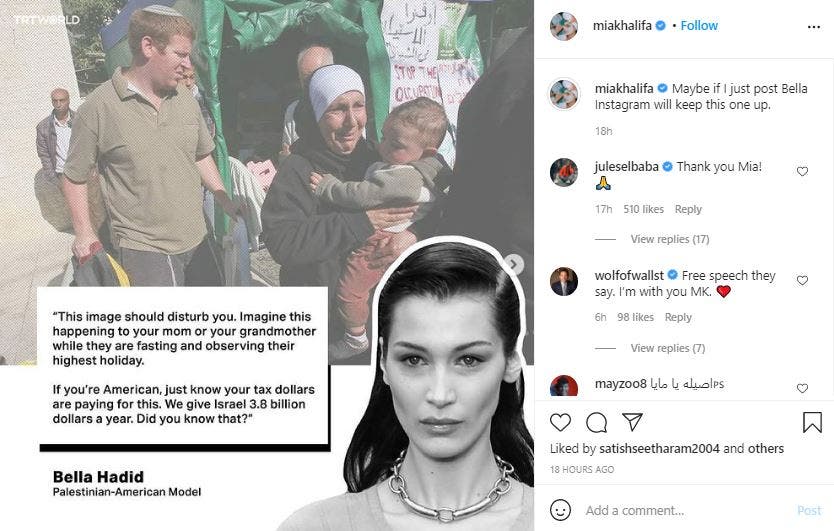 Mia Khalifa sides with Bella Hadid after allegedly losing contract over  pro-Palestine stance